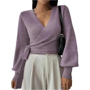image:imageSOLY HUX Womens Long Sleeve V Neck Wrap Belted Sweater Elegant Office Knitted Crop Tops Fall OutfitsPlain Purple