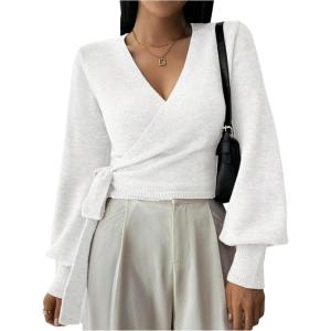 image:imageSOLY HUX Womens Long Sleeve V Neck Wrap Belted Sweater Elegant Office Knitted Crop Tops Fall OutfitsPlain White