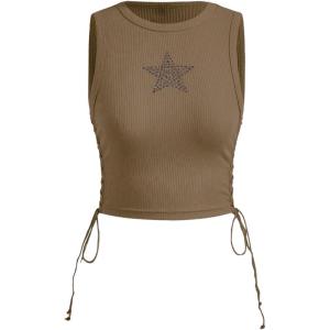 image:imageSOLY HUX Womens Tank Tops Y2K Sleeveless Ribbed Star Crop Tank Top Summer Going Out TopsKhaki Star
