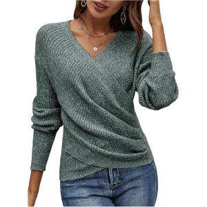 image:imageSOLY HUX Womens V Neck Long Sleeve Off Shoulder Sweaters Criss Cross Wrap Ruched Pullover Fall TopsPure Dark Green