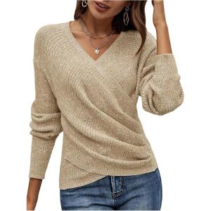 image:imageSOLY HUX Womens V Neck Long Sleeve Off Shoulder Sweaters Criss Cross Wrap Ruched Pullover Fall TopsPure Khaki