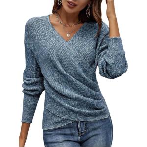image:imageSOLY HUX Womens V Neck Long Sleeve Off Shoulder Sweaters Criss Cross Wrap Ruched Pullover Fall TopsPure Teal Blue