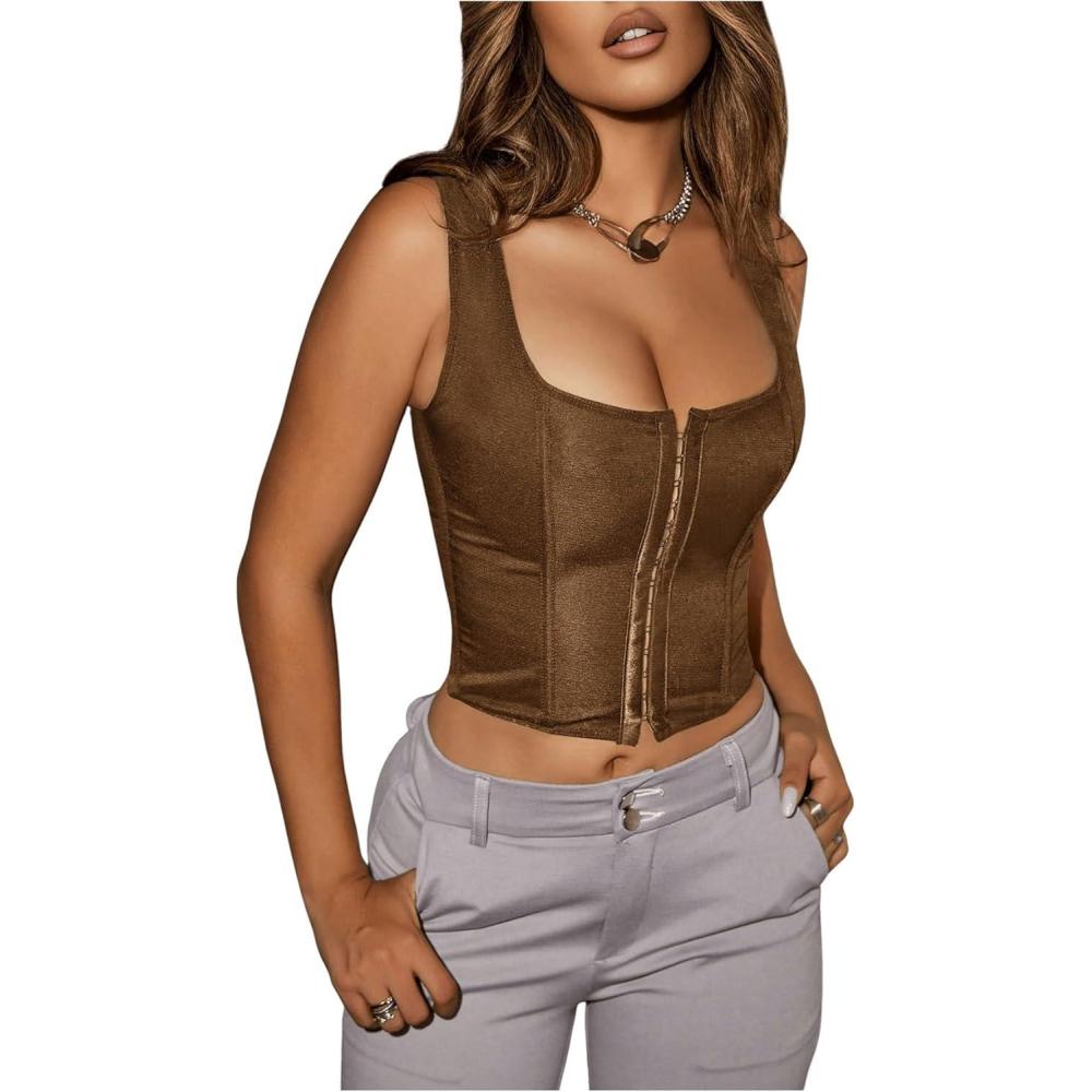 image:imageSOLY HUX Womens Y2K Vintage Strapless Overbust Corset Top Corset Boned LaceUp Back Bodyshaper Crop Bandeau TopPlain Brown
