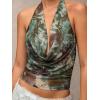 image:imageSOLY HUX Womens Cowl Neck Halter Tops Mesh Floral Deep V Neck Draped Front Backless Summer Going Out Crop Tank TopsOlive Green Floral