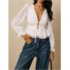 image:imageSOLY HUX Womens Deep V Neck Blouse Floral Embroidery Tie Front Long Sleeve Peplum Ruffle Hem Shirt Fall TopsPure White