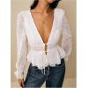image:imageSOLY HUX Womens Deep V Neck Blouse Floral Embroidery Tie Front Long Sleeve Peplum Ruffle Hem Shirt Fall TopsPure White