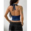 image:imageSOLY HUX Womens Jersey Halter Tops Y2k Number Graphic Mesh Cowl Neck Draped Front Tie Backless Sleeveless Crop Tank TopDark Blue Letter