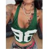 image:imageSOLY HUX Womens Jersey Halter Tops Y2k Number Graphic Mesh Cowl Neck Draped Front Tie Backless Sleeveless Crop Tank TopDark Green