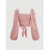 image:imageSOLY HUX Womens Lantern Long Sleeve Wrap Ruched Bow Tie Blouse Sweetheart Neck Satin Going Out Crop TopsPure Pink