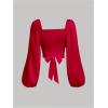 image:imageSOLY HUX Womens Lantern Long Sleeve Wrap Ruched Bow Tie Blouse Sweetheart Neck Satin Going Out Crop TopsPure Red