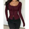 image:imageSOLY HUX Womens Long Sleeve Shirts Bow Tie Button Down Scoop Neck TShirt Aesthetic Going Out TopsPure Burgundy