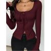 image:imageSOLY HUX Womens Long Sleeve Shirts Bow Tie Button Down Scoop Neck TShirt Aesthetic Going Out TopsPure Burgundy