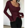 image:imageSOLY HUX Womens Long Sleeve Shirts Bow Tie Button Down Scoop Neck TShirt Aesthetic Going Out TopsPure Burgundy