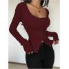 image:imageSOLY HUX Womens Long Sleeve Shirts Bow Tie Button Down Scoop Neck TShirt Aesthetic Going Out TopsSolid Burgundy