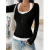image:imageSOLY HUX Womens Long Sleeve Shirts Y2K Going Out Tops Halter Neck Slim Fitted Henley T Shirts Fall ClothesBlack and White