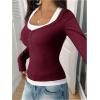 image:imageSOLY HUX Womens Long Sleeve Shirts Y2K Going Out Tops Halter Neck Slim Fitted Henley T Shirts Fall ClothesBurgundy and White