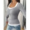 image:imageSOLY HUX Womens Long Sleeve Shirts Y2K Going Out Tops Halter Neck Slim Fitted Henley T Shirts Fall ClothesGrey and White