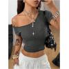 image:imageSOLY HUX Womens Off The Shoulder Top Short Sleeve Fitted Tee Vintage Y2k Asymmetrical T ShirtPure Dark Grey