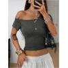 image:imageSOLY HUX Womens Off The Shoulder Top Short Sleeve Fitted Tee Vintage Y2k Asymmetrical T ShirtPure Dark Grey