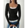 image:imageSOLY HUX Womens Ribbed Scoop Neck Tops Long Sleeve Contrast Lace Button Front Knit Slim Fit Henley T ShirtsBlack