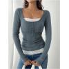 image:imageSOLY HUX Womens Ribbed Scoop Neck Tops Long Sleeve Contrast Lace Button Front Knit Slim Fit Henley T ShirtsBlue
