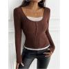 image:imageSOLY HUX Womens Ribbed Scoop Neck Tops Long Sleeve Contrast Lace Button Front Knit Slim Fit Henley T ShirtsCoffee Brown