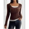 image:imageSOLY HUX Womens Ribbed Scoop Neck Tops Long Sleeve Contrast Lace Button Front Knit Slim Fit Henley T ShirtsCoffee Brown