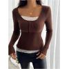image:imageSOLY HUX Womens Ribbed Scoop Neck Tops Long Sleeve Contrast Lace Button Front Knit Slim Fit Henley T ShirtsCoffee Brown