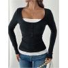 image:imageSOLY HUX Womens Ribbed Scoop Neck Tops Long Sleeve Contrast Lace Button Front Knit Slim Fit Henley T ShirtsDark Grey