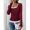 image:imageSOLY HUX Womens Ribbed Scoop Neck Tops Long Sleeve Contrast Lace Button Front Knit Slim Fit Henley T ShirtsRed