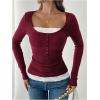 image:imageSOLY HUX Womens Ribbed Scoop Neck Tops Long Sleeve Contrast Lace Button Front Knit Slim Fit Henley T ShirtsRed