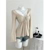 image:imageSOLY HUX Womens Twist Front Peplum Tops Long Sleeve Sweetheart Neck Tee Ruffle Hem T ShirtPlain Apricot