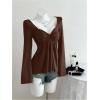 image:imageSOLY HUX Womens Twist Front Peplum Tops Long Sleeve Sweetheart Neck Tee Ruffle Hem T ShirtPure Coffee Brown