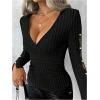 image:imageSOLY HUX Womens V Neck Wrap T Shirt Button Split Long Sleeve Tee Slim Fitted Going Out TopsPlain Black
