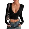 image:imageSOLY HUX Womens Lace Deep V Neck T Shirt Long Sleeve Slim Fitted Tee Going Out Crop TopsPlain Black