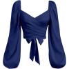 image:imageSOLY HUX Womens Lantern Long Sleeve Wrap Ruched Bow Tie Blouse Sweetheart Neck Satin Going Out Crop TopsPure Dark Blue