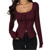 image:imageSOLY HUX Womens Long Sleeve Shirts Bow Tie Button Down Scoop Neck TShirt Aesthetic Going Out TopsPure Burgundy