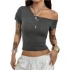 image:imageSOLY HUX Womens Off The Shoulder Top Short Sleeve Fitted Tee Vintage Y2k Asymmetrical T ShirtPure Dark Grey
