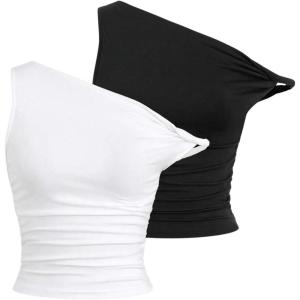 image:imageSOLY HUX Womens 2 Piece Tank Top Asymmetrical Neck Twist Ruched Sleeveless Going Out TopsBlack and White