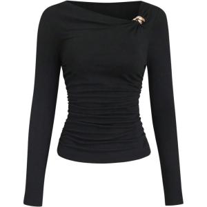 image:imageSOLY HUX Womens Asymmetrical Neck Long Sleeve T Shirt Ruched Slim Fitted Tee Fall Going Out TopsPure Black