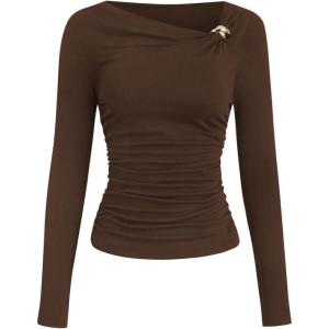 image:imageSOLY HUX Womens Asymmetrical Neck Long Sleeve T Shirt Ruched Slim Fitted Tee Fall Going Out TopsPure Brown