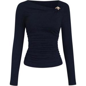 image:imageSOLY HUX Womens Asymmetrical Neck Long Sleeve T Shirt Ruched Slim Fitted Tee Fall Going Out TopsPure Dark Blue