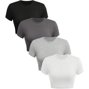 image:imageSOLY HUX Womens Basic TShirts Crew Neck Short Sleeve Fitted Tees 4 Packs Crop TopsBlack Grey White
