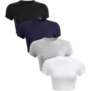 image:imageSOLY HUX Womens Basic TShirts Crew Neck Short Sleeve Fitted Tees 4 Packs Crop TopsBlack Purple Grey White