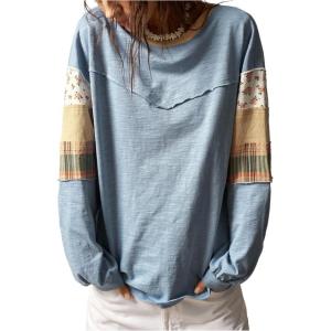image:imageSOLY HUX Womens Boho Floral T Shirt Crew Neck Long Sleeve Patched Tee Casual Loose Fit TopsBlue Floral