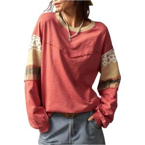 image:imageSOLY HUX Womens Boho Floral T Shirt Crew Neck Long Sleeve Patched Tee Casual Loose Fit TopsRed Floral