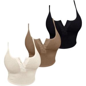 image:imageSOLY HUX Womens Button Down Ribbed Cami Top 3 Piece Spaghetti Strap Sexy Crop Camisole TopsBeige Brown Black