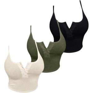 image:imageSOLY HUX Womens Button Down Ribbed Cami Top 3 Piece Spaghetti Strap Sexy Crop Camisole TopsBeige Green Black