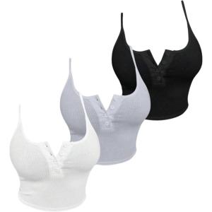 image:imageSOLY HUX Womens Button Down Ribbed Cami Top 3 Piece Spaghetti Strap Sexy Crop Camisole TopsLight Grey White Black