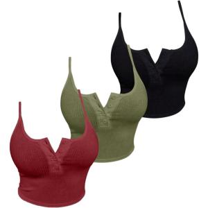 image:imageSOLY HUX Womens Button Down Ribbed Cami Top 3 Piece Spaghetti Strap Sexy Crop Camisole TopsRed Army Green Black